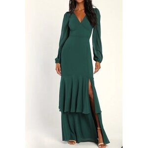 Lulus Tier Elegance Hunter Green Long Sleeve Tiered Maxi Dress Sz Large Green